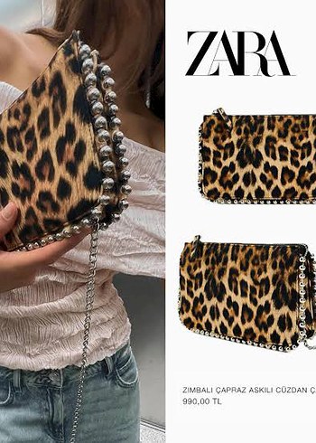 Zara Leopar Desenli Boncuklu Deri Çanta