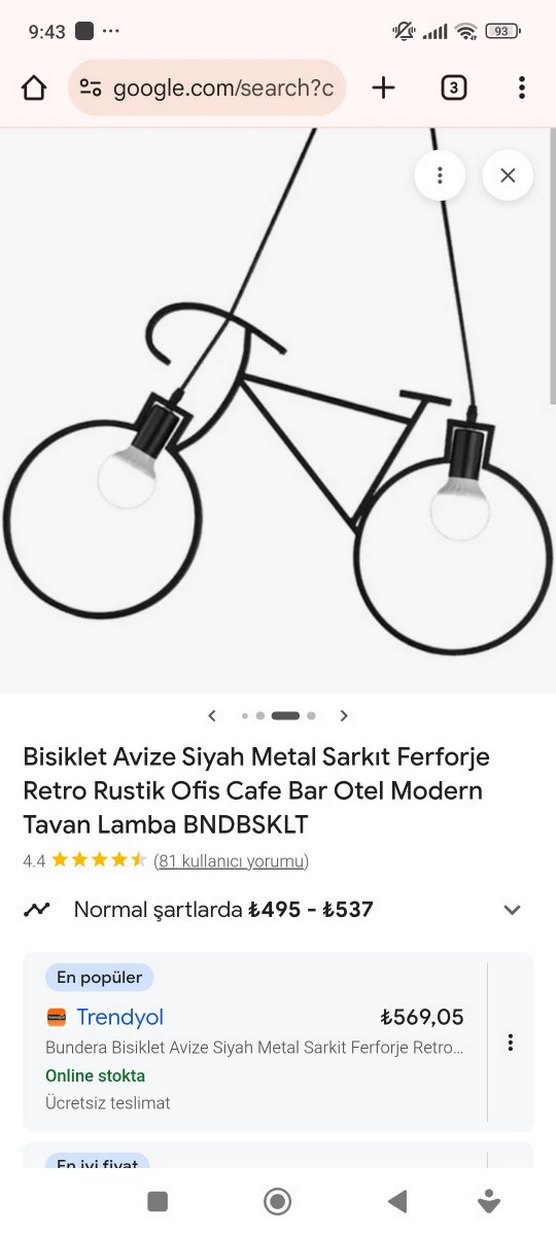 Bisiklet Tasarımlı Siyah Metal Sarkıt Avize - Görsel 2