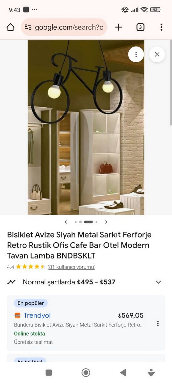 Bisiklet Tasarımlı Siyah Metal Sarkıt Avize - Görsel 3