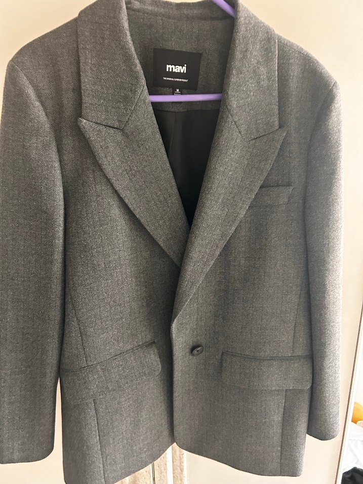 Gri Kadın Düğmeli Yün Blazer Ceket - Görsel 3