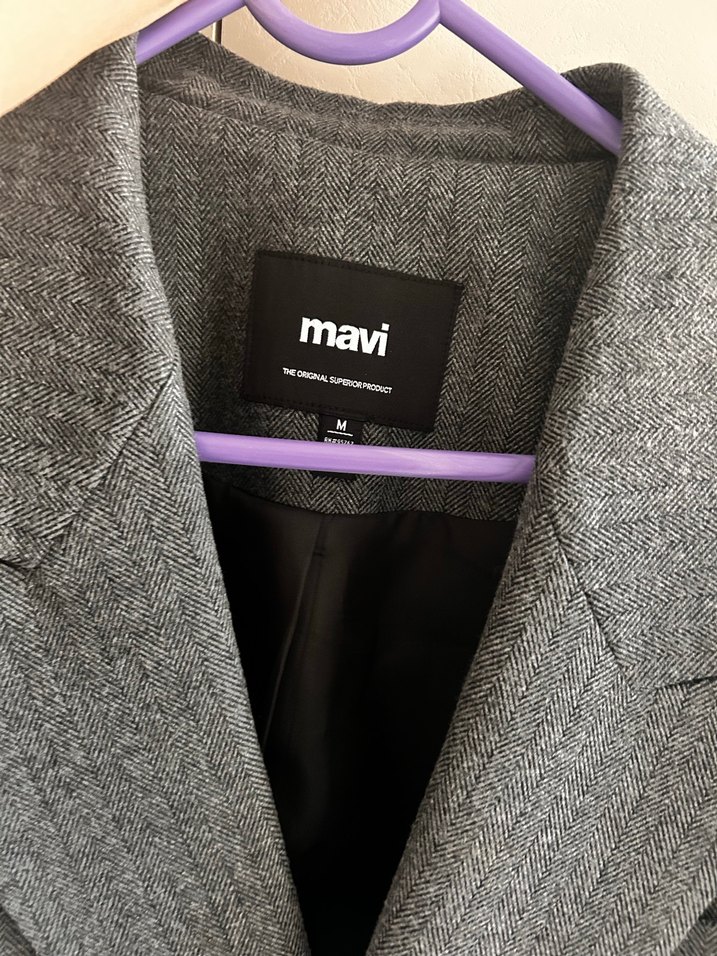 Gri Kadın Düğmeli Yün Blazer Ceket - Görsel 2