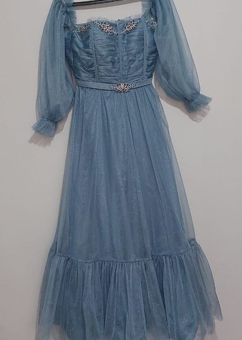 Diğer Mavi Vintage Uzun Elbise, Fırfırlı, Nakışlı