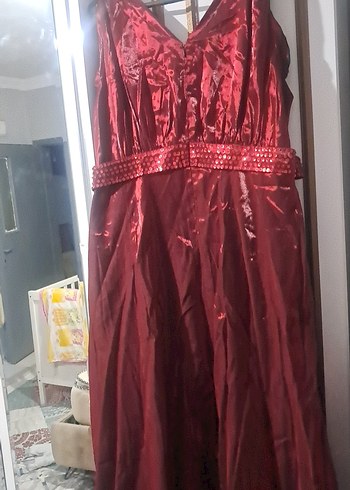 Uzun Bordo V Yaka Drapeli Kadın Abiye Elbise - Görsel 4