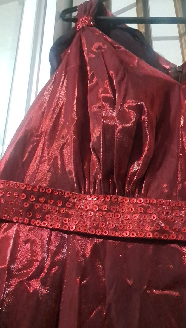 Uzun Bordo V Yaka Drapeli Kadın Abiye Elbise - Görsel 2