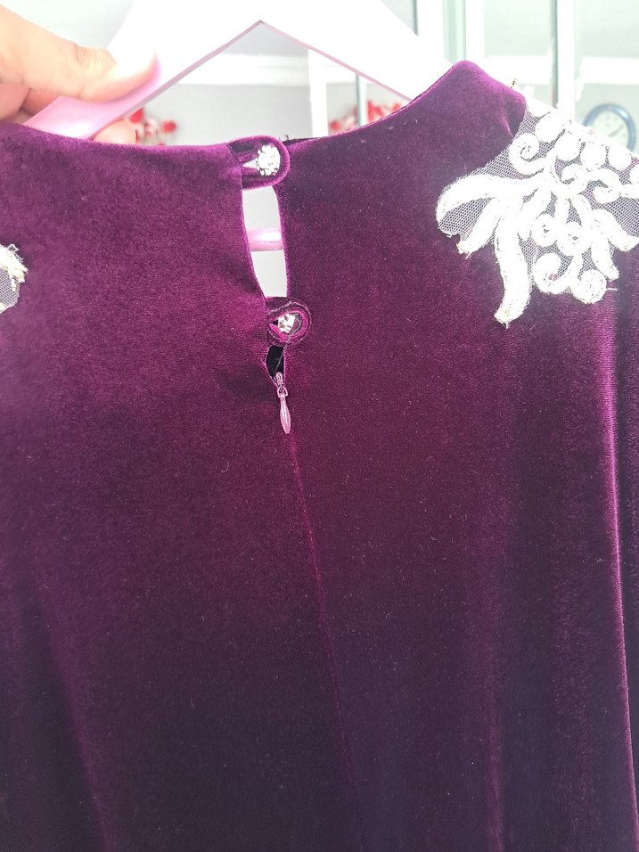 Bordo Kadife Uzun Kollu Nakışlı Kadın Elbise - Görsel 4