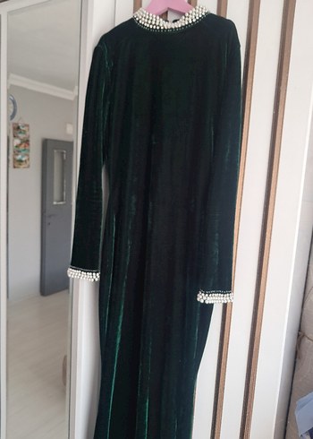 Uzun Kol Drapeli Koyu Yeşil Kadın Abiye Elbise