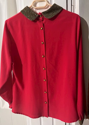 İnci Detaylı Yakalı Kırmızı Kadın Gömlek - Görsel 2