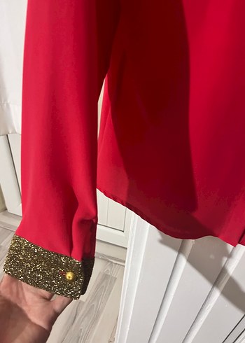 İnci Detaylı Yakalı Kırmızı Kadın Gömlek - Görsel 3