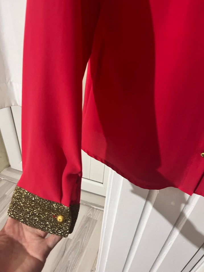 İnci Detaylı Yakalı Kırmızı Kadın Gömlek - Görsel 3