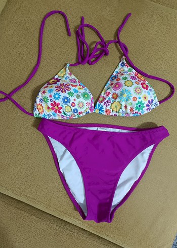 Çiçek Desenli Mor İpli Bikini