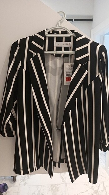Kadın siya beyaz çizgili Blazer ceket 