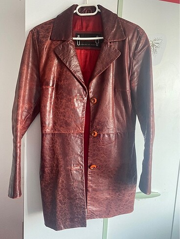 Diğer unisex vintage kırmızı uzun hakiki orijinal deri ceket