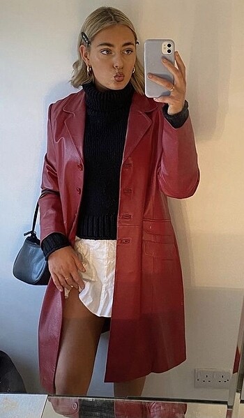 unisex vintage kırmızı uzun hakiki orijinal deri ceket