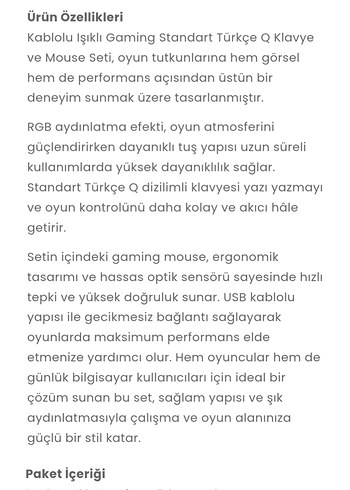 KABLOLU IŞIKLI GAMING STANDART TÜRKÇE Q KLAVYE VE MOUSE SETİ - Görsel 6