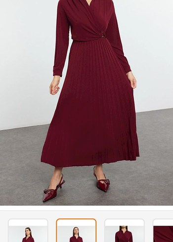 Bordo Piliseli Uzun Kadın Elbise - Görsel 2