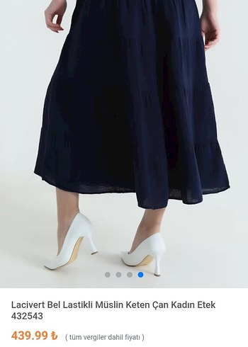 Lacivert Bel Lastikli Müslin Keten Uzun Etek - Görsel 2