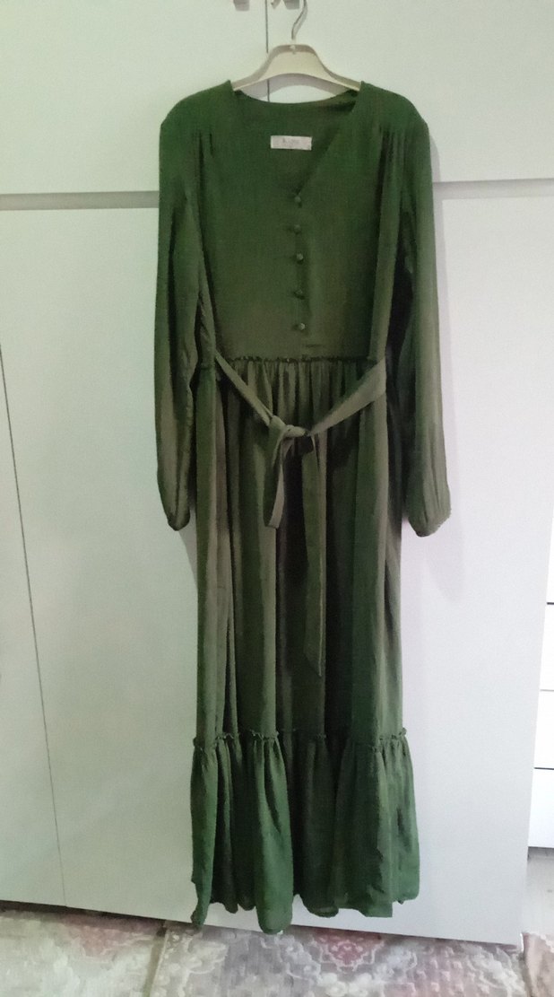 Düğmeli, Bol Kesim, Uzun Keten Elbise - Görsel 2