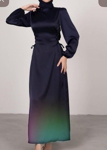 Lacivert Drapeli Uzun Kollu tesettür elbise - Görsel 2