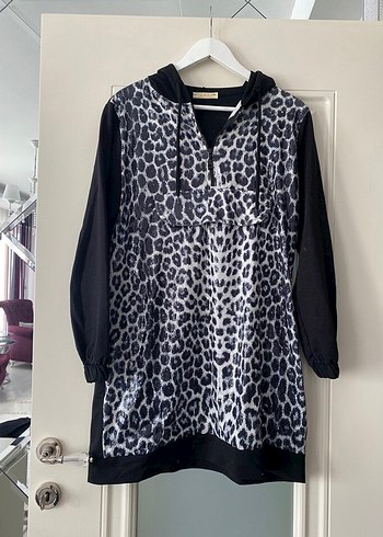 Gri Leopar Desenli Uzun Kollu Hamile Tunik