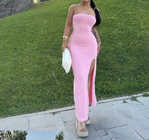 Şeker pembe toz pembe streç straplez elbise