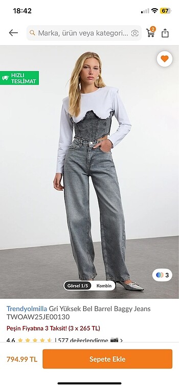 Trendyolmilla gri yüksek bel baggy barrel jeans