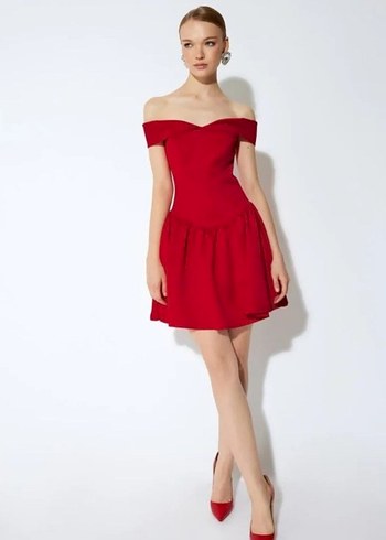 Kırmızı Saten Straplez Mini Abiye Elbise - Görsel 3