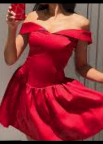 Kırmızı Saten Straplez Mini Abiye Elbise - Görsel 6