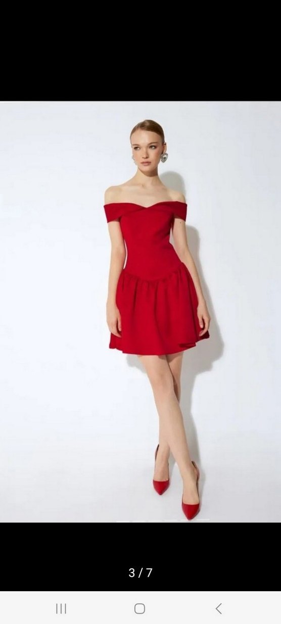 Kırmızı Saten Straplez Mini Abiye Elbise - Görsel 3