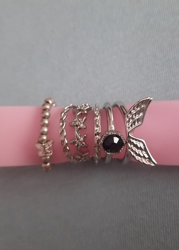Goth Zincir Detaylı Siyah ve Gümüş Rengi Kadın Yüzük Seti