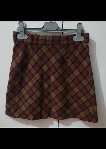 Kahverengi Ekose Mini Yün Çan Etek
