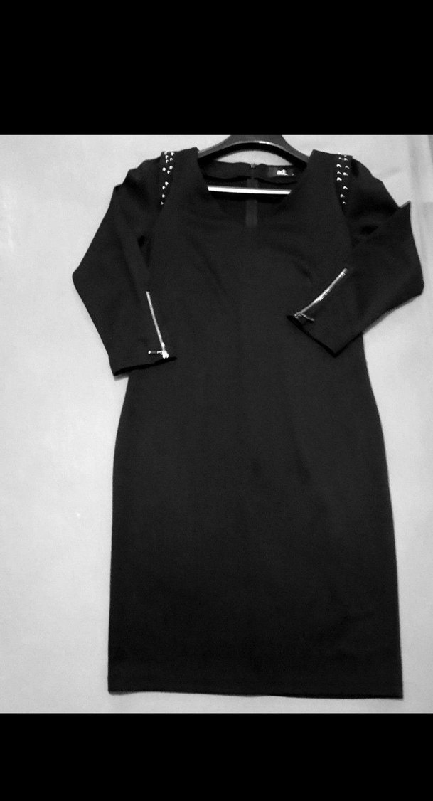 Zımbalı  Siyah Midi V Yaka Goth Elbise - Görsel 2