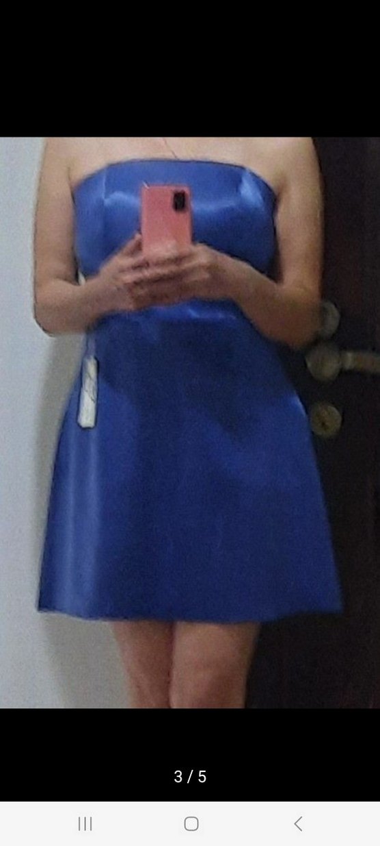 Parlak Lacivert Straplez Mini Elbise - Görsel 3