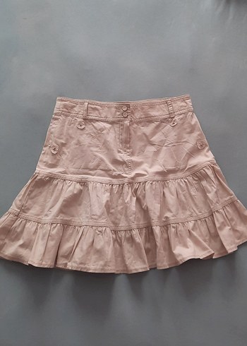 Bej Mini Etek, Fırfırlı, Keten Kumaş
