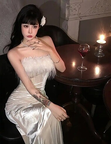 s Beden Vintage gece nişan nikah tüylü elbise