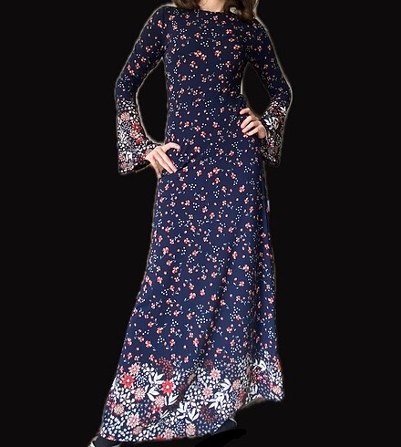 Vintage etnik otantik y2k elbise çiçekli lacivert