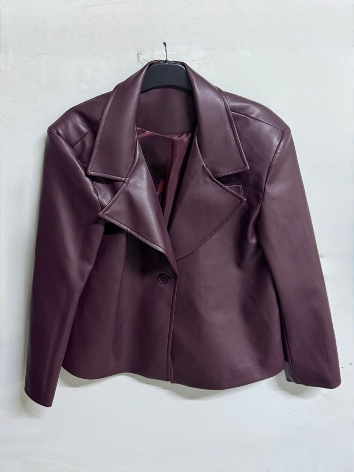 Bordo Deri Düğmeli Midi Ceket - Görsel 3