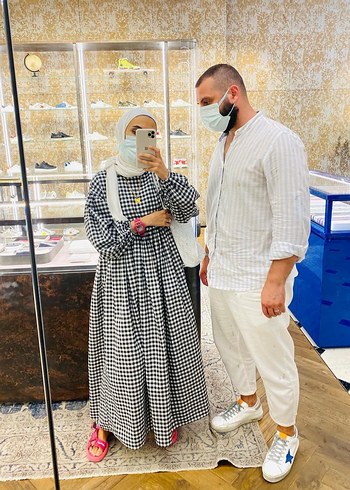 Suud Collection Gri Ekose Uzun Keten Elbise