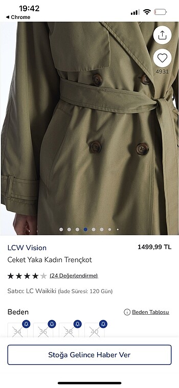 38 Beden LCW VİSİON TRENÇKOT