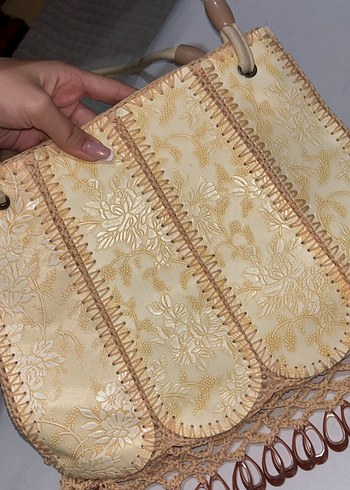 Bej Dantel İşlemeli Deri Vintage Çanta El Yapımı - Görsel 4
