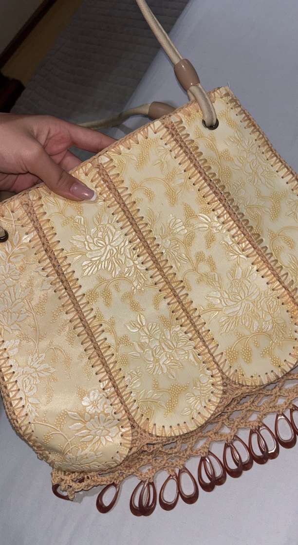 Bej Dantel İşlemeli Deri Vintage Çanta El Yapımı - Görsel 4