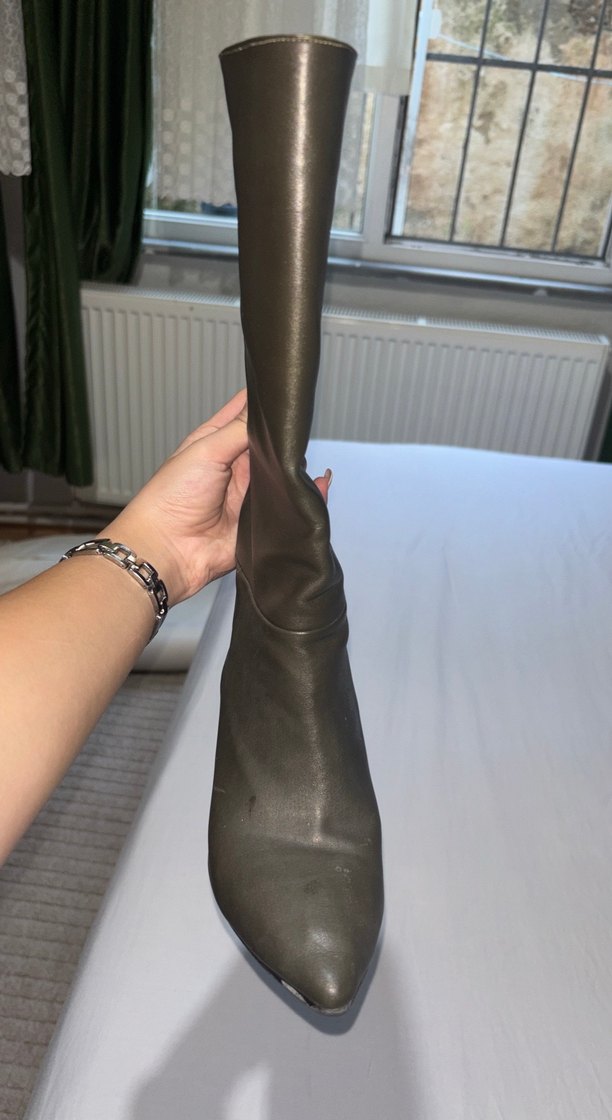 Bej Deri Dizüstü Stiletto Topuklu Kadın Çizme - Görsel 3