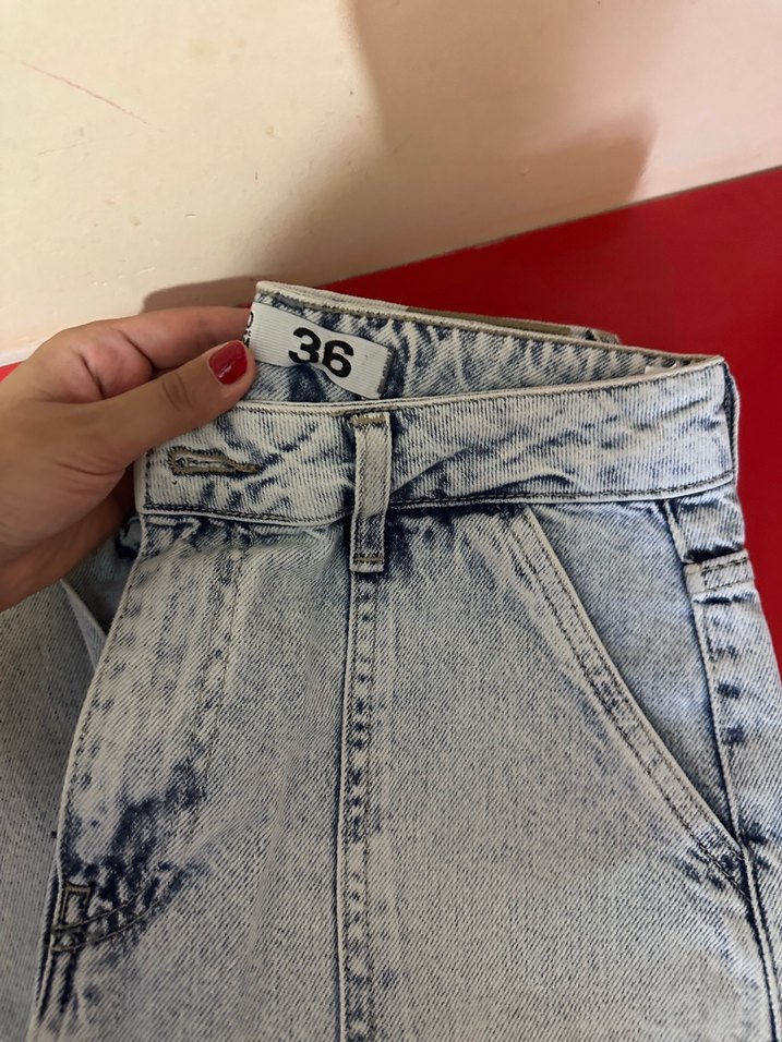 Gri Bağlama Desenli Düğmeli Rahat Kesim Kadın Kot - Görsel 2