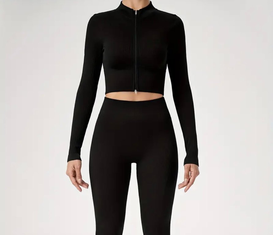 Fermuarlı Siyah Yüksek Yakalı Uzun Kollu Crop Top - Görsel 2