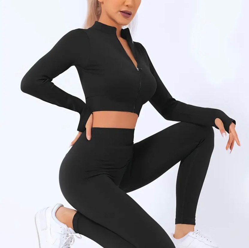 Fermuarlı Siyah Yüksek Yakalı Uzun Kollu Crop Top - Görsel 3