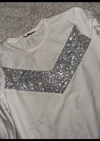 s Beden beyaz Renk Kadın Beyaz Payetli Uzun Kollu Sweatshirt