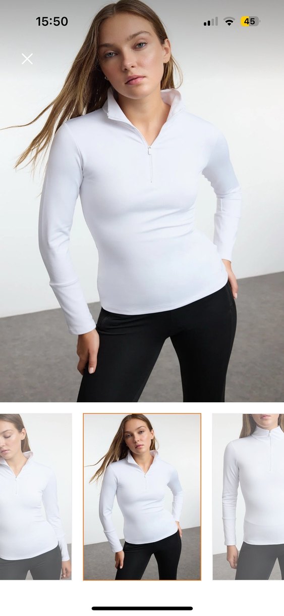 Beyaz Yarım Fermuarlı Yüksek Yakalı Kadın Sweatshirt - Görsel 2