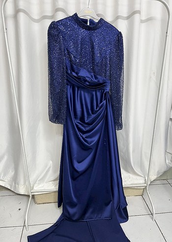 Uzun Kollu Drapeli Parlak Mavi Abiye Elbise - Görsel 3