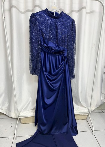 Uzun Kollu Drapeli Parlak Mavi Abiye Elbise - Görsel 2