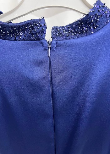 Uzun Kollu Drapeli Parlak Mavi Abiye Elbise - Görsel 4