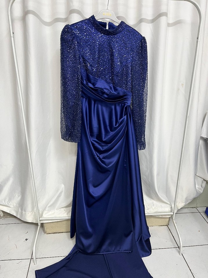 Uzun Kollu Drapeli Parlak Mavi Abiye Elbise - Görsel 2